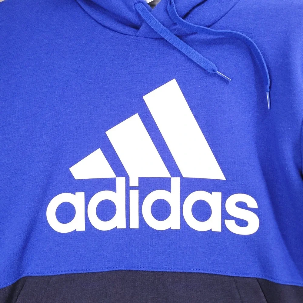 ADIDAS Sweater Mens Size LARGE Essentials Fleece Blue Colorblock Logo Hoodie‎